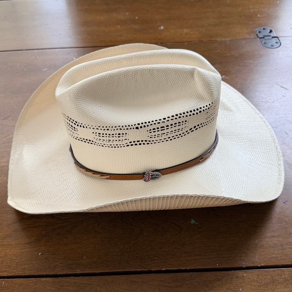 Justin 20X Straw Western Cowboy Hat Ivory Ventilated Leather Band Size 7 1/8